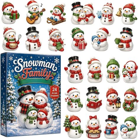 Adventskalender 2026 – 24-teilig – rot, weiß, grün – Acryl – 24 Tage mit Schneemann- und Familienmotiven – Christbaumschmuck – geeignet für Weihnachten und als Dekoration im Innenbereich (1/5)