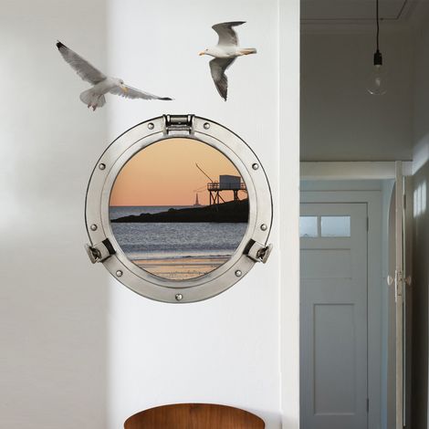 Sticker décoratif, photo d'un hublot trompe l'oeil vu du soir au port de pêche, 68 cm X 48 cm (1/3)