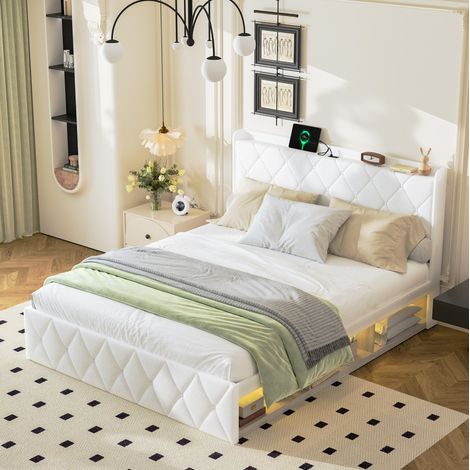Lit adulte 160x200 cm avec ports USB et prises, LED, en velours blanc, sans matelas (1/5)