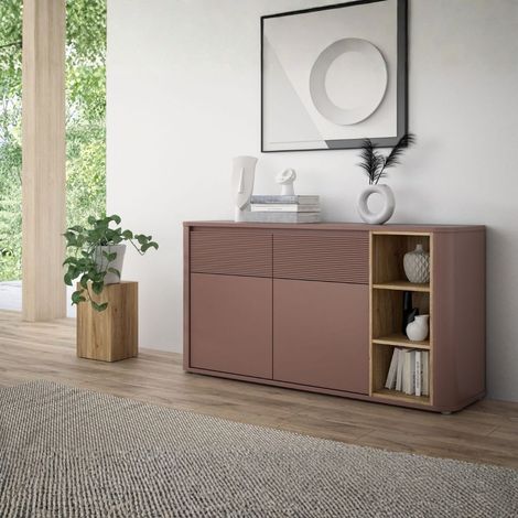 Madia Origin Core 2 ante 2 cassetti con vani a giorno 160 cm terracotta e dettaglio rovere (1/5)