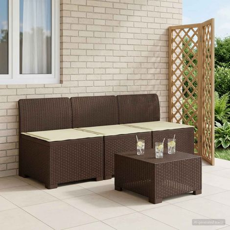 Canapé de Jardin 3 Places en PP Aspect Rotin Marron avec Coussins Crème pour Extérieur - PANGIVO (1/5)