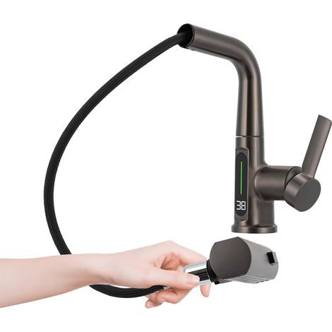 Küchenarmatur, Armatur, Badezimmerarmatur mit ausziehbarer Brause und LED-Temperaturanzeige, Auszieharmatur für Küche und Bad
