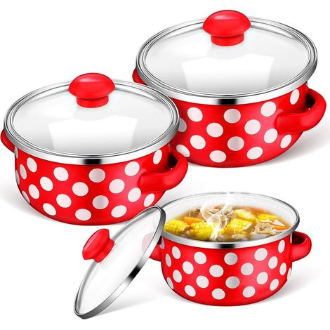 Set of 3 Miniature Enamel Saucepans 12-14-16 Cm, Flat Bottom, Vintage Cookware Set Red with White Spots, for Individual Cooking Everyday Kitchen (1/5)