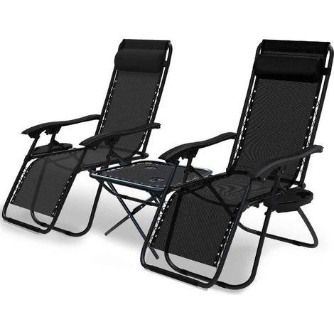 VOUNOT® 2er-Set Liegestuhl Klappbar mit Beistelltisch, Relaxstuhl Garten mit Getränkehalter und Kopfpolster, Schwarz (1/5)