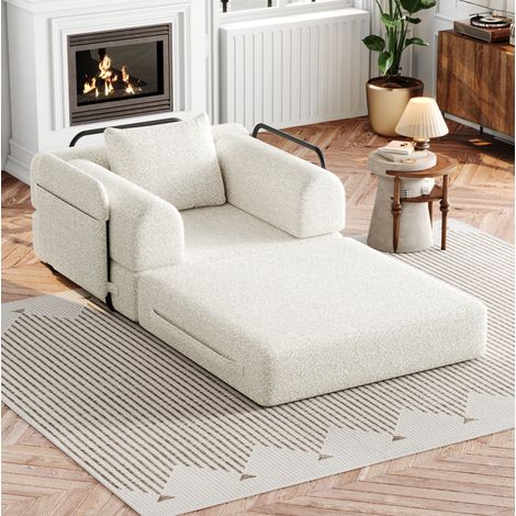 Canapé convertible 1 place in ciniglia beige 2 in 1 con vano portaoggetti nel bracciolo (1/5)