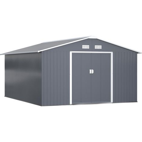 Abri de jardin avec fondations, abri à outils, maison de jardin, métal, gris anthracite, 340 x 386 x 200 cm