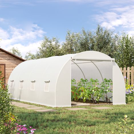 Gemüsegarten-Gewächshaus mit 8 Fenstern und Rolltor, Tunnelgewächshaus, Pflanzengewächshaus mit Metallrahmen und Polyethylenfolie, 6 x 3 x 2 m, Weiß
