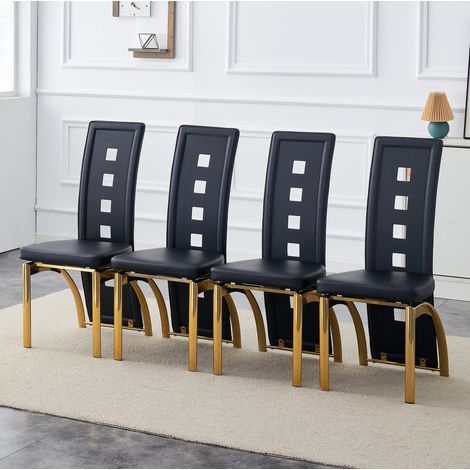 Set di 4 sedie da pranzo con schienale traforato, PU nero e gambe dorate, 102,5 cm (1/5)
