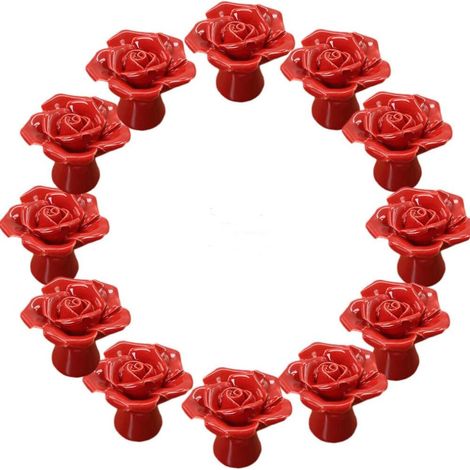 Tiradores de cerámica con forma de flor de rosa para puertas, armarios de cocina y cajones, juego de 12 unidades, color rojo. (1/5)