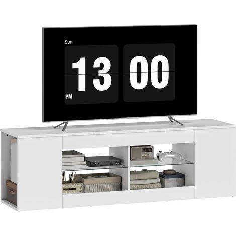Meuble TV blanc de 140 cm en panneau de particules, équipé de 6 compartiments et 2 étagères en verre (1/5)