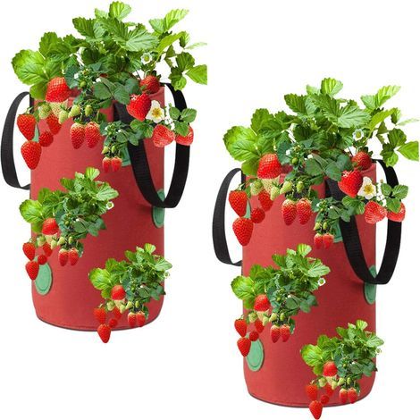 (20 x 35 cm)(red)2 Pack Hanging Strawberry Grow Bags Non-woven Fabric with 12 Holes, Grow Bags for Strawberries, Herbs, Flowers
