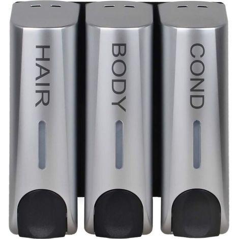 Juego de 3 dispensadores de jabón para gel de ducha, champú y acondicionador, montaje en pared, soporte, color plata-Crezuo