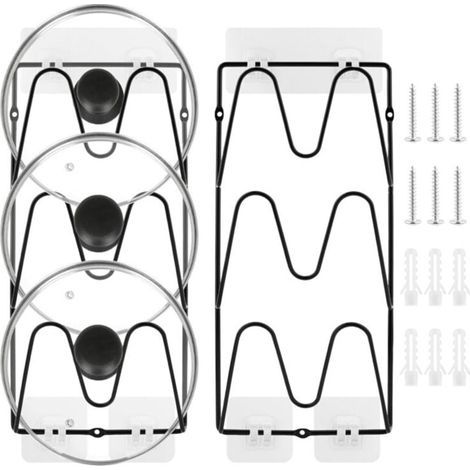 2 pièces, 6 niveaux Support de rangement pour couvercles de casseroles, sans perçage, adhésif,résistant à la rouille, pour couvercles de casseroles et poêles, rangement de cuisine(Noir ) (1/4)