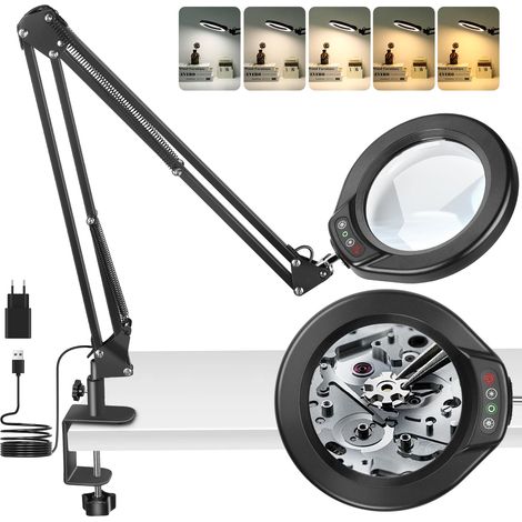 Lot de 10 loupes avec lumière et pince, loupe éclairée 5 en verre véritable, mains libres, 5 modes de couleur en continu, lampe de bureau LED pour travail étroit, artisanat, loisirs, peinture, lecture (1/5)
