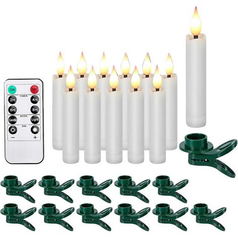 Lot de 12 Bougies LED Coniques Sans Flamme, Mèche 3D, avec Clip en Forme de Sapin de Noël, Lumière Blanche Chaude