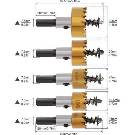 Jeu de 5 scies cloches HSS - 16-30 mm (5/8" à 1-3/16") - avec forets plaqués titane. Outil robuste pour le perçage de l'acier inoxydable, des alliages d'aluminium, du plastique et du bois. (1/4)