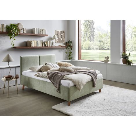 Meise Möbel Polsterbett Piano 140x200 cm Doppelbett Bettgestell Kopfteil mit tiefem Einzug Strukturstoff Hellgrün Holzfuß eichefarbig (1/5)