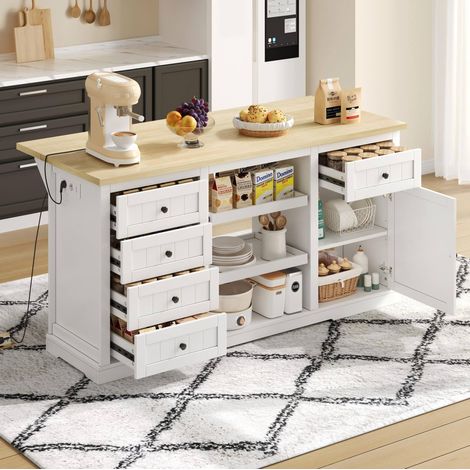 Îlot de cuisine / buffet 150x65x75,5 cm en MDF blanc avec 5 tiroirs et prises intégrées (1/5)