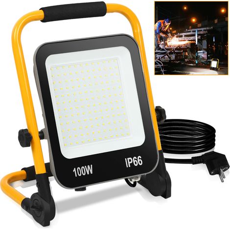 SWANEW Proiettore LED con treppiede giallo. proiettore esterno con presa faretto illuminazione di sicurezza 100W (1/5)