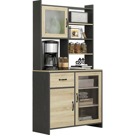 Armoire de cuisine buffet haut avec 1 tiroir 3 placards étagères 2 portes vitrées 90 x 39 x 177 cm noir naturel