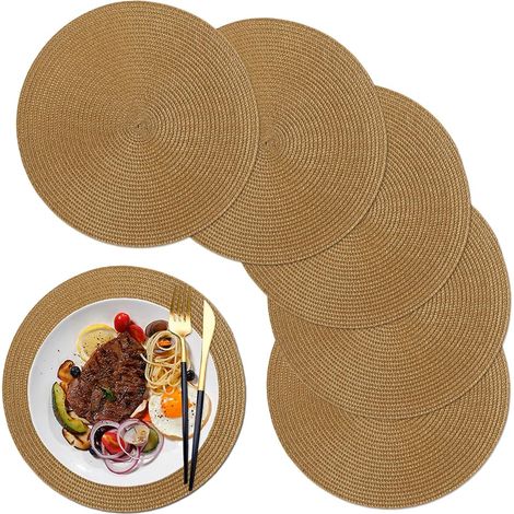 5-teiliges Set aus runden, hitzebeständigen Platzsets und Untersetzern (34 x 34 cm), saugfähige, rutschfeste Tischsets (Braun) (1/5)