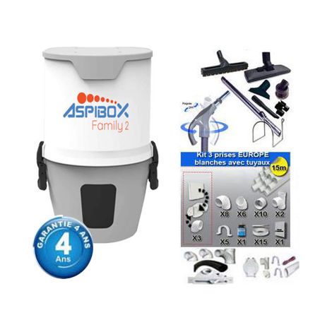 Centrale d'aspiration hybride Aspibox Family2 garantie 4 ans (jusqu’à 150 m²) + Set inter 9 M + 8 accessoires + kit 3 prises + kit prise balai + kit prise garage (1/5)