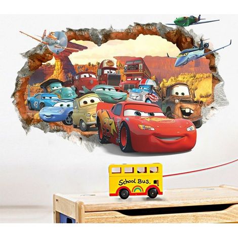 3D Mur Endommagé Dessin Animé Voitures Avions Stickers Muraux, Chambre des Enfants Pépinière Autocollants Amovibles, Ensoleillé (1/3)