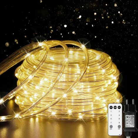 Guirlande lumineuse solaire extérieure, 10M 100 LED Guirlande lumineuse solaire extérieure IP45 étanche 8 modes blanc chaud variable LED Tube lumineux pour jardin, fête, décoration de Noël