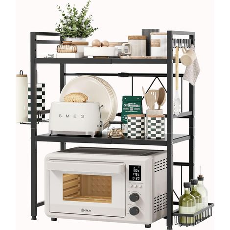 Etagere Micro Onde Cuisine Rangement Extensible, Support pour Micro-Ondes à 3 Niveaux, étagère Plan Travail pour Microwave avec 8 Crochets,Porte essuie-Tout et Panier de rangementc, Noir (1/5)