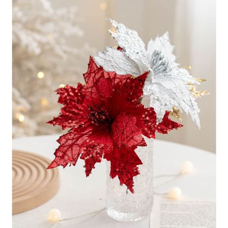 Fleur Artificielle - Décoration De Noël - 20 Cm - Tige Métallique Souple - En Tissu Imitation Velours - 1 Pièce (1/4)