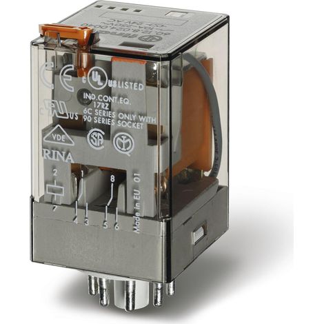 Relais industriel octal 2RT 10A 24V DC bouton test +indica méca +LED+diode FINDER 601290240074PAS