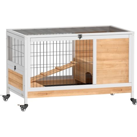 Recinto de madera para conejos de 2 niveles con ruedas, rampas y bandeja extraíble MODENUIT (1/5)