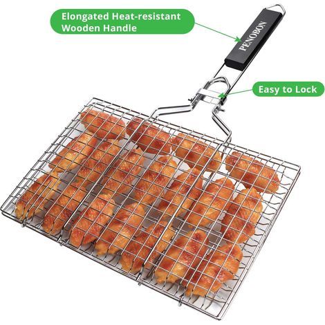 Panier Grille pour Barbecue, Pliable en Acier Inoxydable, pour la Cuisson des Poissons, Légumes ou Crevettes, avec Poignée Amovible, Brosse à Badigeonner et Sac de Rangement. (Type 1) (1/4)