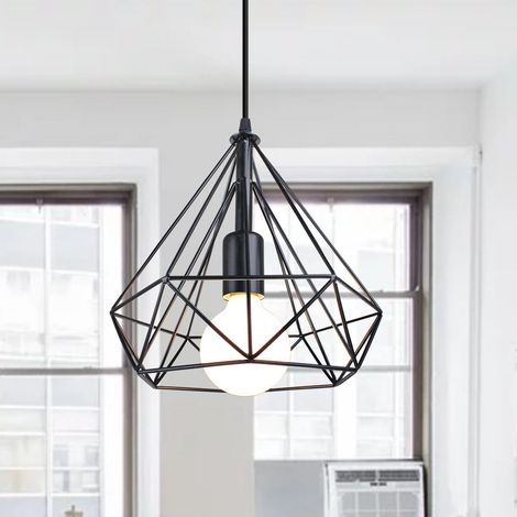 Lampada a Sospensione, Plafoniera in Industriale Stile con Ø25cm Gabbia di Diamante, Illuminazione con E27 per Soggiorno Cucina di Casa Ristorante Cafe (Nero)