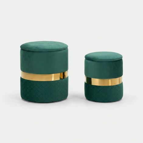 Set 2 Pouf Contenitori in Tessuto Verde Oro Salvaspazio Salotto Camera (1/5)