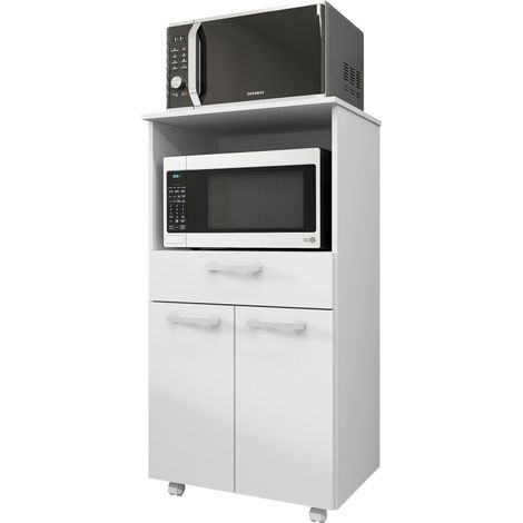 Beaux Meubles Pas Chers – Meuble micro-onde mobile blanc – 2 portes – 1 tiroir sur roulettes – Dimensions L 61 x H 117.5 x P 48.8 cm – Bois certifié FSC