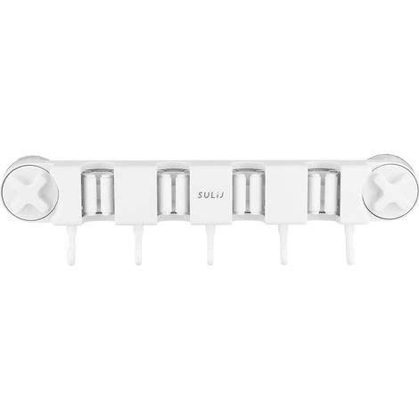 Porte Balai Mural, 1 Piece Accroche Balai Mural Sans Percer pour Maison, Rangement Outils Jardin pour Garage, Support Mural avec Crochets pour Cuisine, Salle de Bain, Garage (Blanc (1/5)
