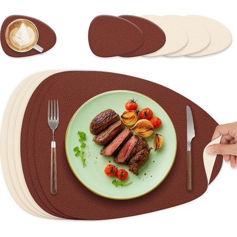 Set mit 6 waschbaren ovalen Leder-Tischsets, doppelseitig, rutschfest, bordeauxrot und cremeweiß. (1/5)