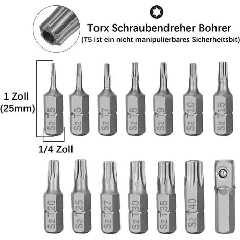 Set mit 14 Torx-Schraubendreherbits T5-T40 mit Loch, 1/4"-Sechskantschaft aus magnetischem S2-Stahl, Sortiment an manipulationssicheren Torx-Sicherheitsbits mit Schlitz (Länge 25 mm) (1/4)
