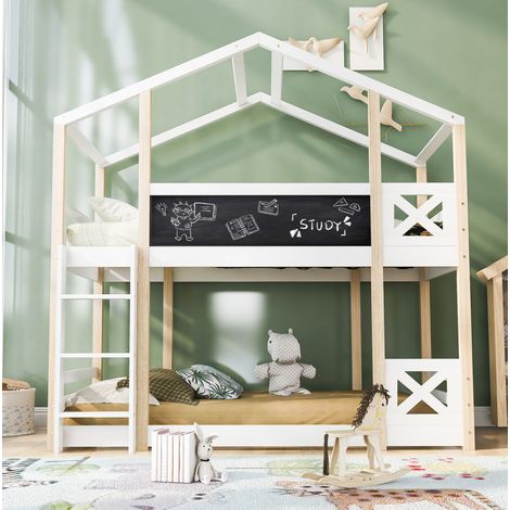 Lit enfant cabane avec échelle 90 x 200 cm, avec 2 sommiers à lattes, blanc et naturel HAVRYA (1/5)