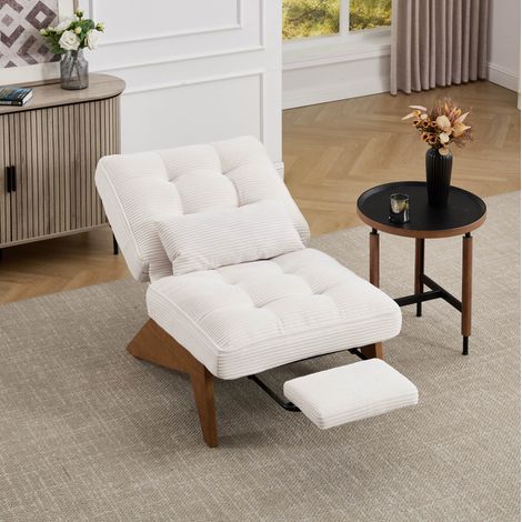 Sillón lounge de pana beige 127x73x90 cm, respaldo reclinable, cojín lumbar y patas de madera (1/5)