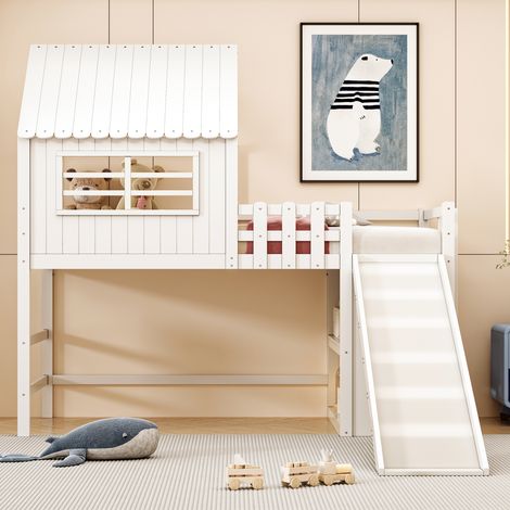 Letto soppalcato 90x200 cm, letto bambino con scomparti di riordino, barriere di protezione anti-caduta, scivolo di sicurezza, rete a doghe in legno, design, Bianco (1/5)
