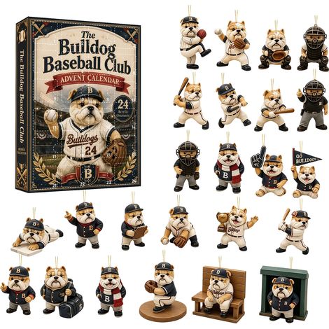 Adventskalender 2026 des Bulldog Baseball Clubs – 24 flache 2D-Acryl-Hängeornamente – Bulldoggen-Hängedekorationen im Baseball-Design – Christbaumschmuck und einzigartiges Geschenk für Hunde- und Spor (1/5)