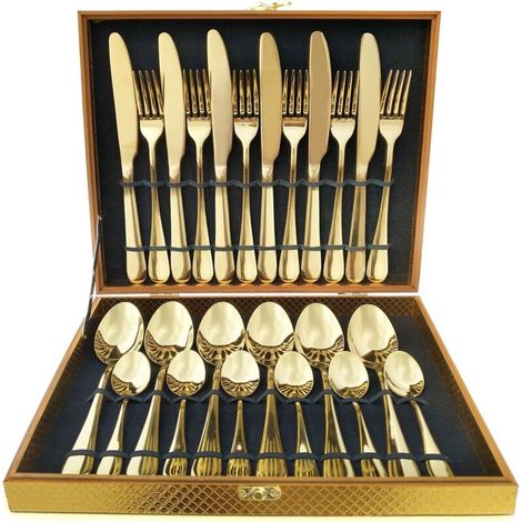 Ménagère 24 couverts dorés et modernes, acier inoxydable (1/4)