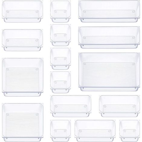 16 pièces organisateur tiroir, 5 tailles boite rangement tiroir, antidérapant organiseur maquillage, pour papeterie de bureau rangement, commode, salle de bain, cuisine (transparent) (1/4)