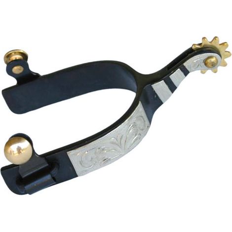 Speroni da roping in metallo nero con incisioni in German Silver e rotella in ottone