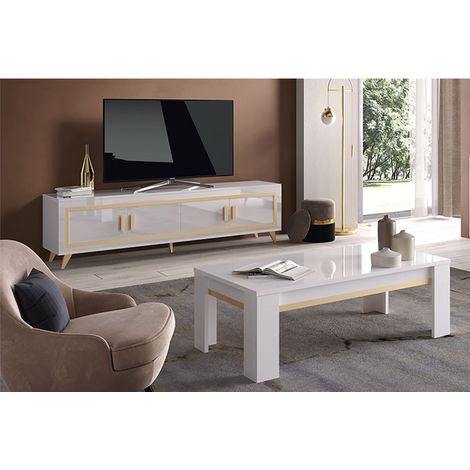 JEMMA - Ensemble Salon Blanc Décor Doré Meuble TV + Table Basse (1/4)
