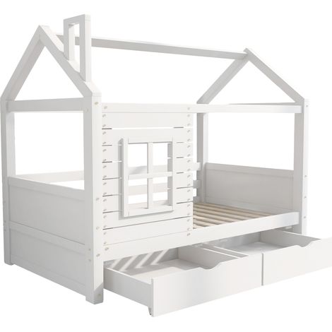CAIziLit enfant maison 90x200 cm en bois blanc avec barrière et lattes (1/5)