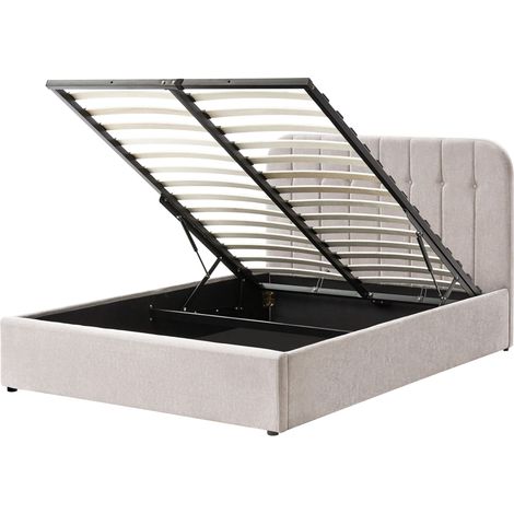 Bed Frame Taupe Chenille Upholstery EU Double Size 4ft6 Lift Up Storage with Headboard and Slatted Base CHALLANS