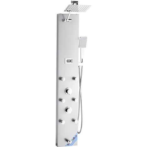 Colonne de douche en acier inoxydable brossé 124,5 cm avec pommeau pluie, robinet 4 fonctions, massage 6 jets, douchette et bec baignoire. (1/5)